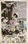 VINTAGE POSTCARD Fantasy Woman Children Toboggan