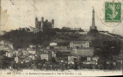 POSTAL Lyon de la VENDIMIA la basílica y el elevador de la torre De Fourviere
