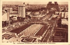 VINTAGE POSTCARD International exhibition Paris Overall Panorama with the Basins Of Trocadero Eiffel Tower