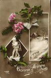 VINTAGE POSTCARD Fantasy Happy New Year Child Toboggan