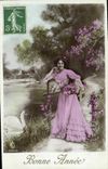VINTAGE POSTCARD Fantasy Woman Swan Happy New Year