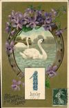 VINTAGE POSTCARD Fantaisie Flowers Swans Swan Horseshoe Bonne And Happy Year