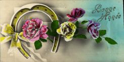 VINTAGE POSTCARD Fantaisie Happy New Year Horseshoe Fleurs