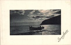 CPA Fantaisie Bateau Barque Soleil couchant
