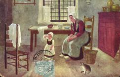 CPA Fantaisie Femme Enfant Chat