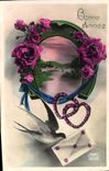 VINTAGE POSTCARD Fantasy Flowers Swallow Heart Happy New Year