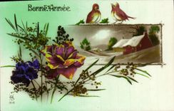 VINTAGE POSTCARD Fantasy Flowers Bird Happy New Year