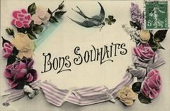 VINTAGE POSTCARD Fantasy Flowers Goods Wishes Swallow