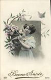 VINTAGE POSTCARD Happy New Year Woman Butterfly