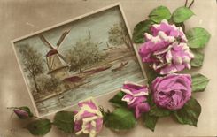 CPA Fantaisie Fleurs Moulin a vent
