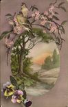 VINTAGE POSTCARD Fantasy Flowers Birds