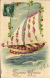 CPA Fantaisie Fleurs Bateau Colombe 