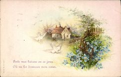 La fantasía de la POSTAL de la VENDIMIA florece palomas