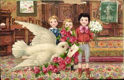 CPA Fantaisie Fleurs Enfants Colombe