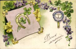VINTAGE POSTCARD Fantaisie Flowers Horseshoe Trefles