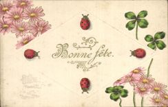 CPA Fantaisie Fleurs Trefles Coccinelle Insecte