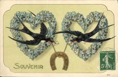 VINTAGE POSTCARD Fantaisie Flowers Swallows Horseshoe Coeurs
