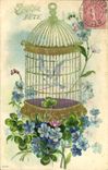 CPA Fantaisie Fleurs Cage Oiseau Trefles