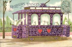 VINTAGE POSTCARD Fantasy Flowers Doves Tram