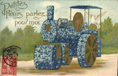 VINTAGE POSTCARD Fantasy Flowers Doves Tractor