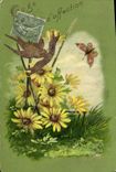 VINTAGE POSTCARD Fantasy Flowers Butterfly