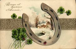 VINTAGE POSTCARD Fantaisie Flowers Clover Horseshoe