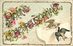 VINTAGE POSTCARD Fantasy Flowers Birds