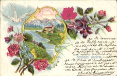VINTAGE POSTCARD Fantasy Flowers Dove