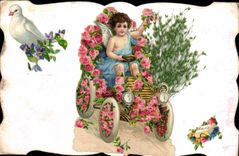 VINTAGE POSTCARD Fantasy Flowers Automobile Child Dove