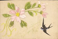 VINTAGE POSTCARD Fantasy Flowers Swallow