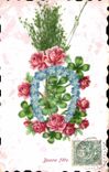 VINTAGE POSTCARD Fantaisie Flowers Clover Horseshoe