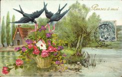 VINTAGE POSTCARD Fantasy Flowers Swallows