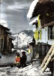MODERN CARD the Alps Old man Village of Mountain Children Toboggan Winter sports