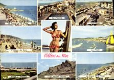 CPM Villers Sur Mer La Plage La piscine La digue Les vaches noirs Plage Jean Mermoz