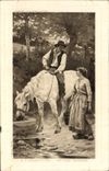 VINTAGE POSTCARD With the feeding trough Horse Discusses