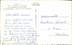 POSTAL MODERNA París el Seine y los puentes la Concorde y la armonía de los lugares del Champs Elysées de Eiffel de la torre