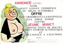 CPM Annonce Dame Ayant Longue Experience Du Milieu Automoble