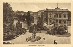 VINTAGE POSTCARD Dusseldorf Corneliusplatz Holgartenstr Theinpartie Train