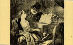 VINTAGE POSTCARD Fragonard the Lesson of Music Paris Museum Of Louvre Piano Harpsichord Cat