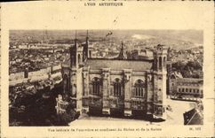 VINTAGE POSTCARD Artistic Lyon side Sight of Fourviere and confluence of the Rhone and the Saone