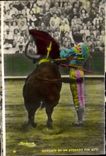 VINTAGE POSTCARD Manolete in Ayudado por Viola Bullfight Bull