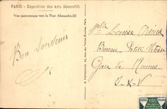 Feria de París de la POSTAL de la VENDIMIA de la opinión panorámica de los artes decorativos hacia el puente Alejandro III