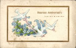VINTAGE POSTCARD Fantasy Flowers Happy Doves Birthday