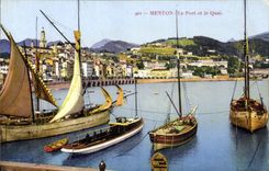 POSTAL de la VENDIMIA Menton el puerto y los barcos de Quay