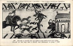 CPA Tapisserie de la Reine Mathilde Bayeux Harold en marche Chien 