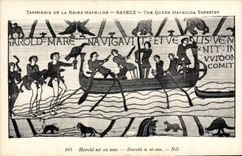 VINTAGE POSTCARD Tapisserie of the Queen Mathilde Bayeux Harold is at sea Bateau Vulture Raptor