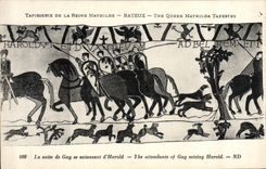 VINTAGE POSTCARD Tapestry of the Queen Mathilde Bayeux the continuation of Guy seizing himself of Harold Dog