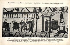 VINTAGE POSTCARD Tapisserie of the Queen Mathilde Bayeux Audience ceremony that Guillaume grants has Harold
