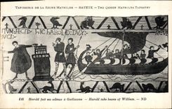 CPA Tapisserie de la Reine Mathilde Bayeux Harold fait ses adieux a Guillaume