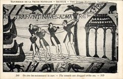 La POSTAL Tapisserie de la VENDIMIA de la reina Matilde Bayeux una dibuja los recipientes con el mar